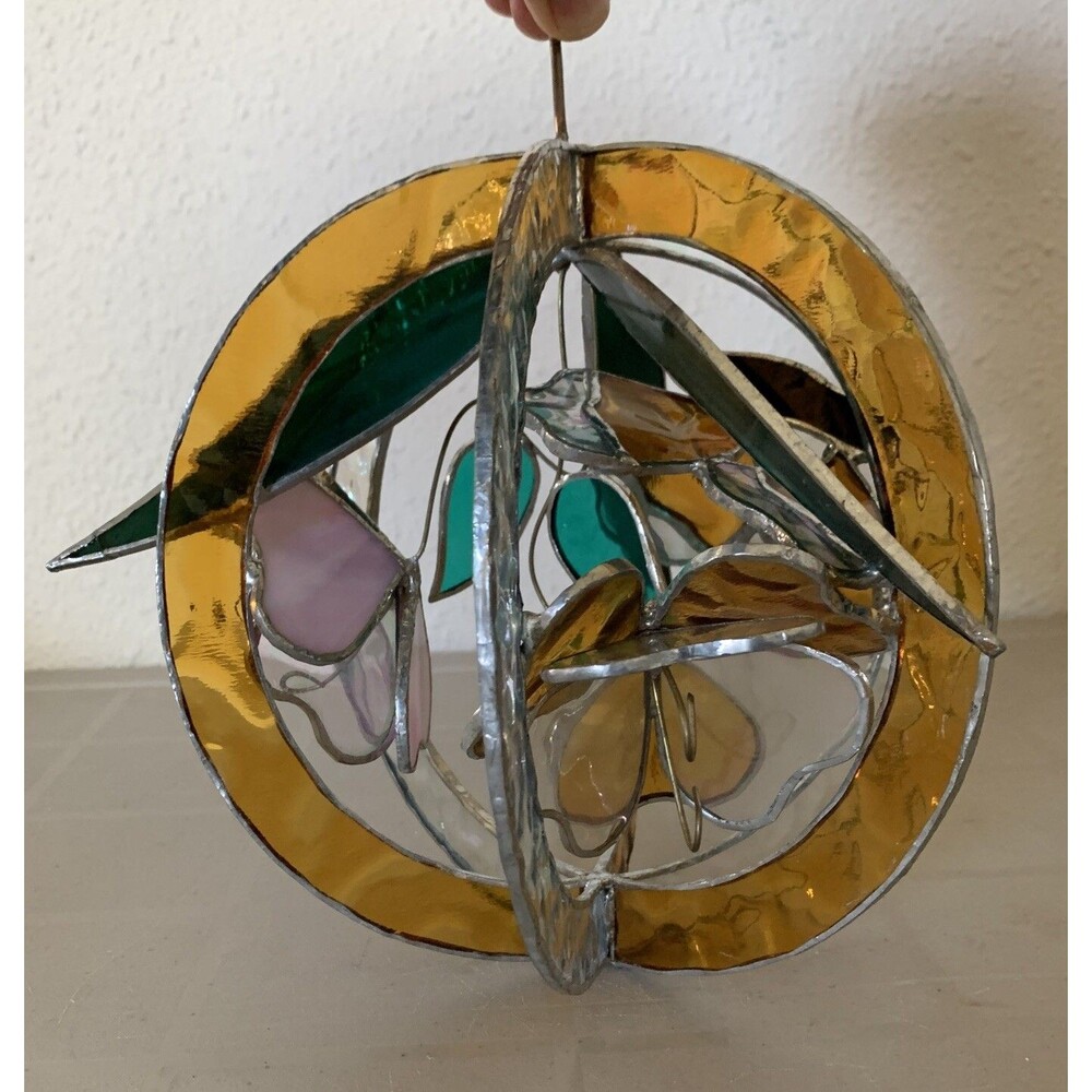 Vintage Tiffany Style Stained Glass Sun Catch Flower Whirl 7.5” X 8” Hanging